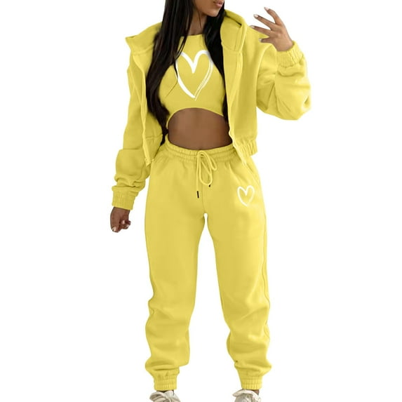 EHQJNJ Sweatsuit Set for Women Maternity Fall Outfits Trendy 2023 Casual Tracksuit Autumn and Winter Top Vest Pant Set Fashionable Heart Prints Zipper Hooded Sweatshirt Pants Three Piece