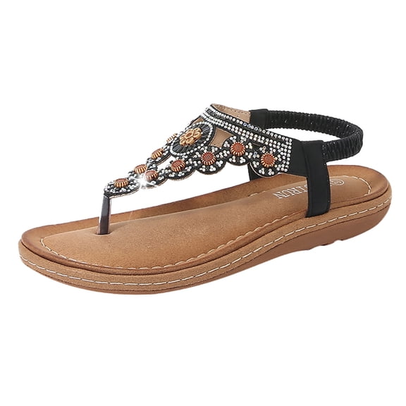 EHQJNJ Wedge Sandals for Women Black Sandals Women Dressy Wedge Ladies Strap Flat Sandals Summer Boho Rhinestone Dress Shoes Comfort Open Toe Elastic Ankle Strap Strapless Sandals Roman Sandals