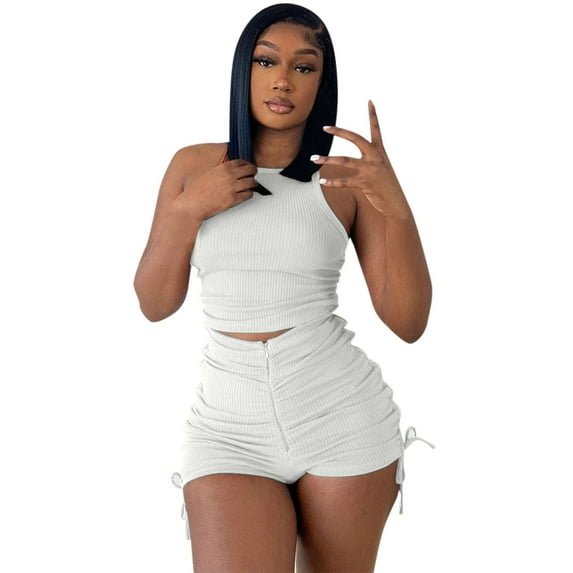 EHQJNJ Women Business Casual Outfits Summer Two Piece Outfits Casual Stretchy Ribbed Tank Crop Top Drawstring Ruched Shorts Set Workout Tracksuits Outfit for Women Party Club Night