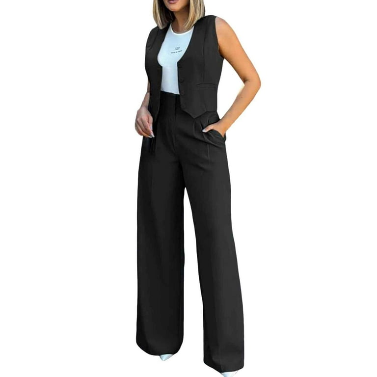 EHQJNJ Women Pant Suit Set Summer Womens Elegant Solid Color Suit Vest Tank  Cardigan Pockets Tops Wide Leg Pants Suit Casual Two Piece Outfits for  Women Black Pants Suit for Women Sexy
