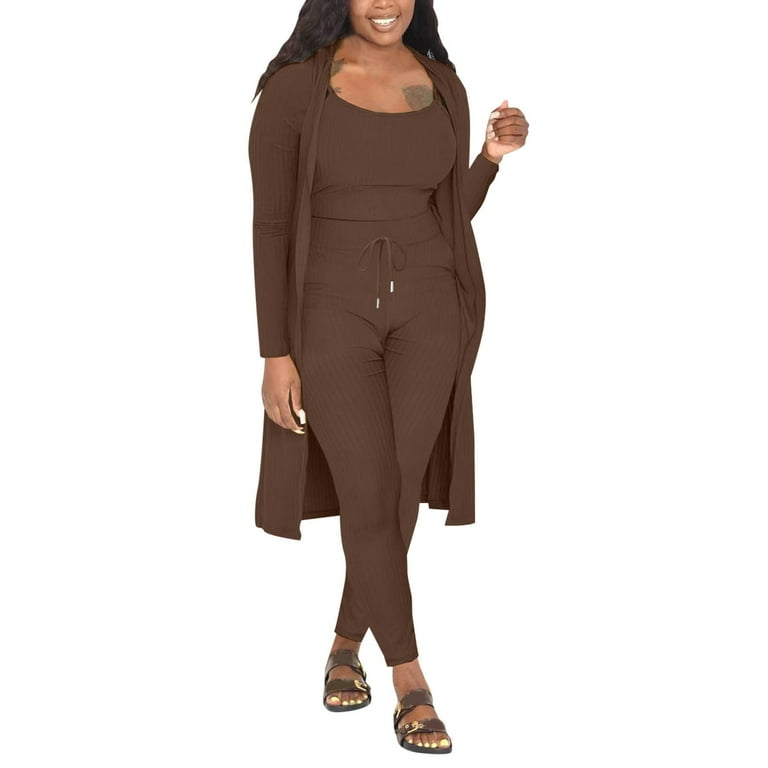 EHQJNJ Women Pants Suits Semi Formal Attire Fall Winter Stretchy Wear 2024 Solid Color 3 Piece Pants Set Ladies Ribbed Casual Three Pcs Outfits Womens Two Piece Outfits Dressy Walmart