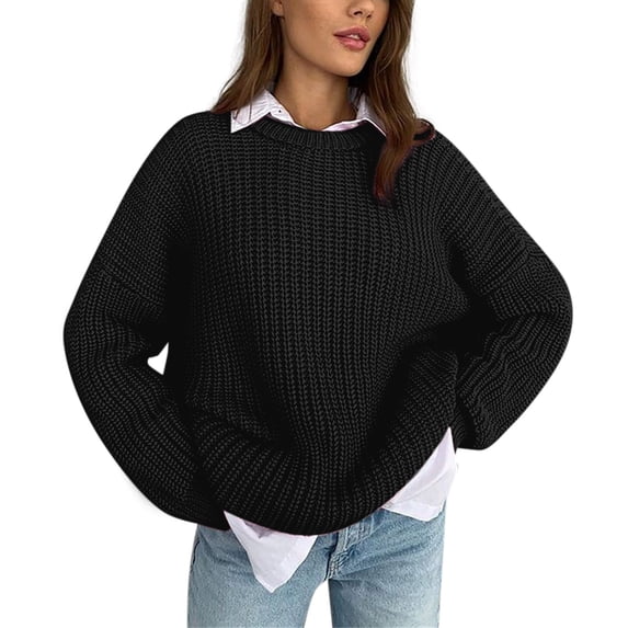 EHQJNJ Women's Sweaters To Wear with Leggings New Casual Loose Lazy Wind Sweater Women Outer Wear Pullover Long Sleeve Round Neck Knit Sweater,Black