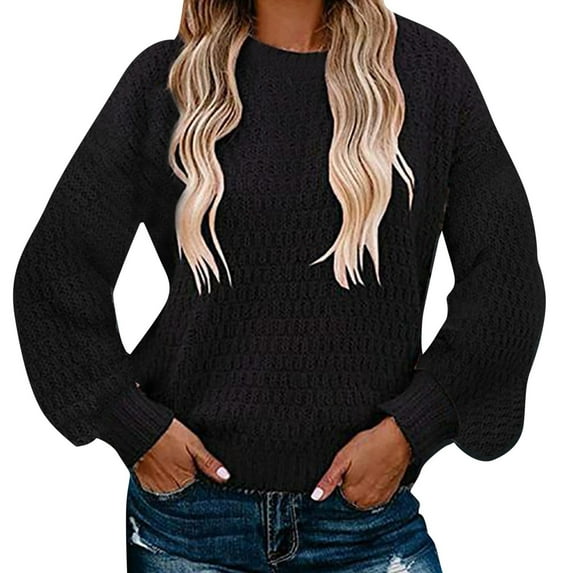 EHQJNJ Women's Sweaters for Fall 2023 Petite Womens Crew Neck Ribbed Long Sleeve Fit Knit Pullover,Black