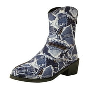EHQJNJ Womens Ankle Booties Ankle Boots for Women Wide Width Size 12 Ladies Casual Vintage Cowboy Print Splicing Heel Mid Calf Pointed Toe Large Size Western Boots Ankle Boots Short Boots