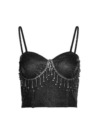 Rhinestone Fringe Push Up Bustier Cami Crop Top Spaghetti Strap Tank Tops  Tight Backless Sling Bra Party Wear