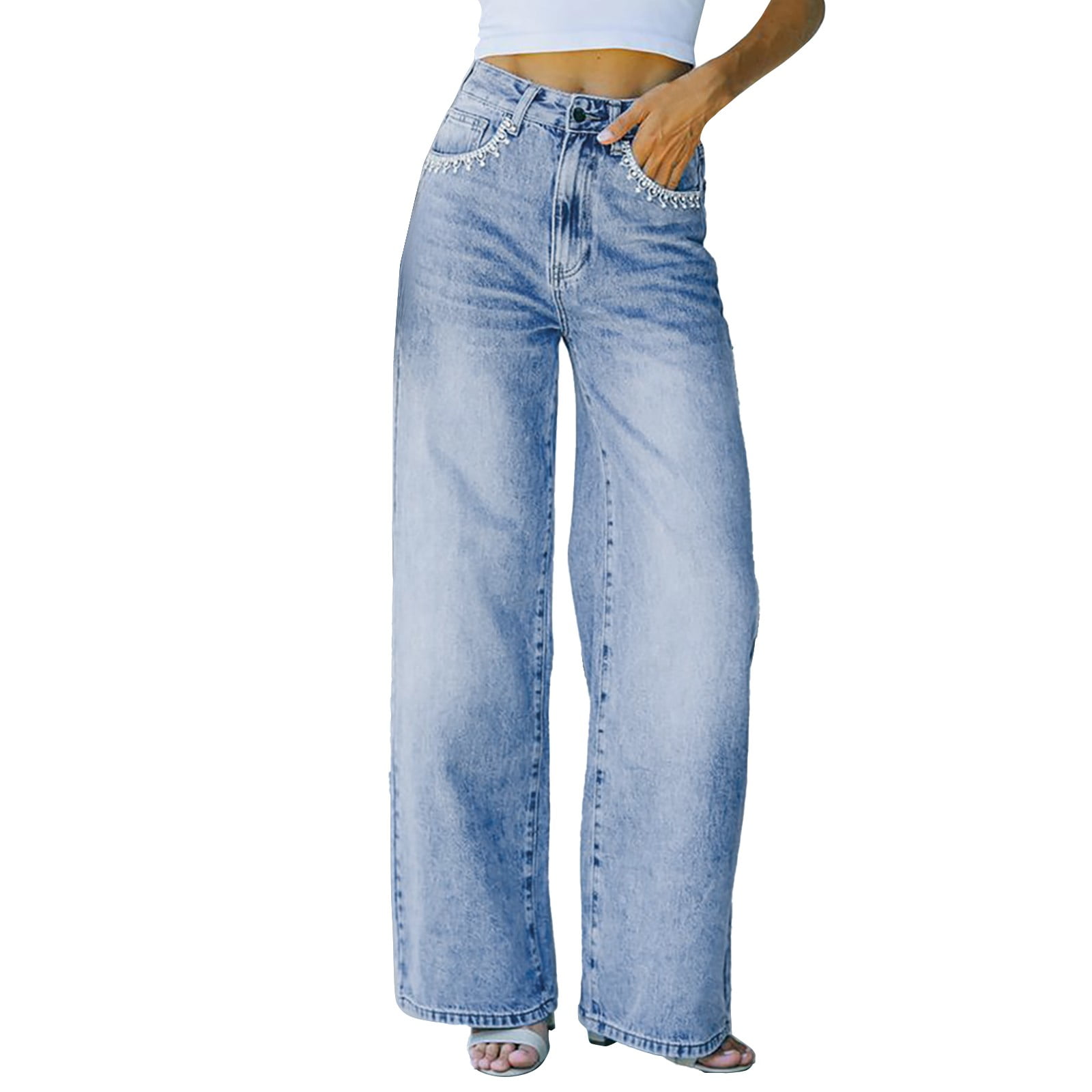 Mid Rise Cotton Denim Wide Jeans