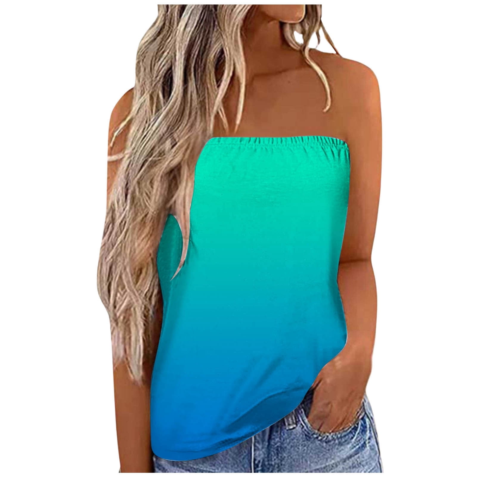 EHQJNJ Womens Summer Tank Tops Gradient Print Strapless Bandeau Tank