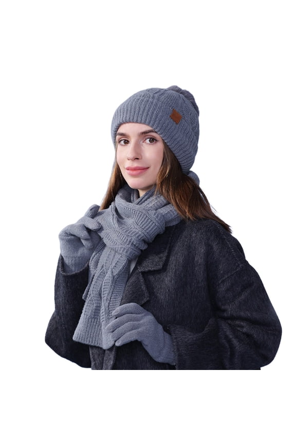 Beanie Hat For Womens Scarf Gloves Set Solid Color Fashionable Outdoor Warm 3 Piece Set Fashionable