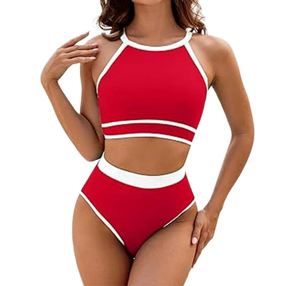EHRWE Bikini Sets For Women High Waisted Two Piece Ladies Swimming Suit Sporty Color Block Swimsuit Set For Active Swimwear 2025 Retro Swimsuit
