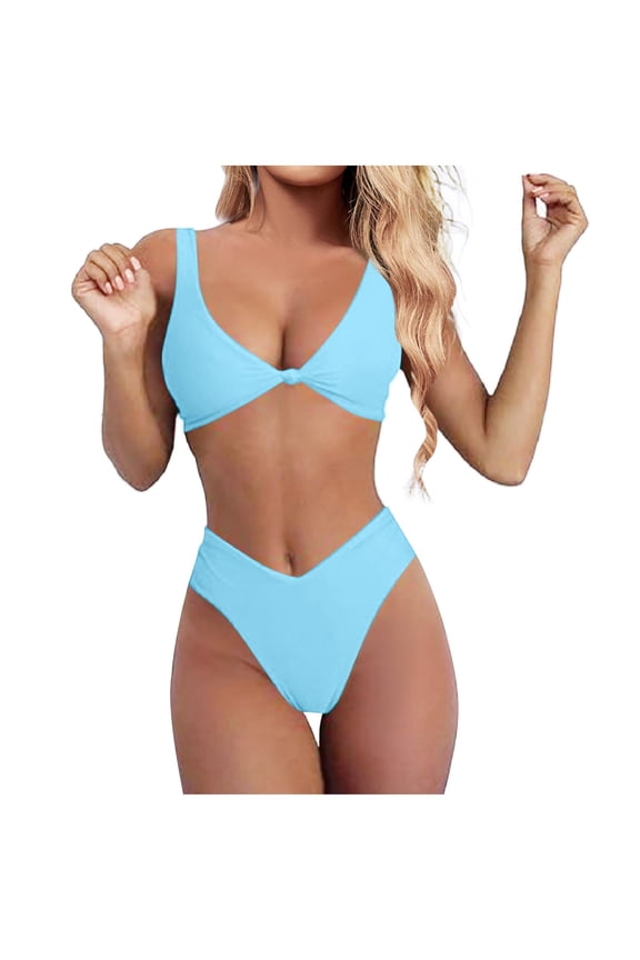 Bikinis for Women 2024 Bikini Set For Solid V Neck Knot Front Push Up High Leg Thong Two Piece Swimsuit Light Blue, Sizes S-2XL