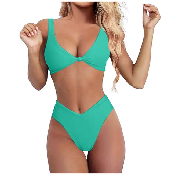 EHRWE Bikinis for Women 2024 Bikini Set For Solid V Neck Knot Front Push Up High Leg Thong Two Piece Swimsuit Mint Green, Sizes S-2XL
