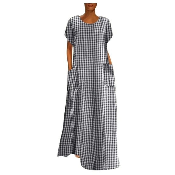 EHRWE Ladies Summer Long Short Sleeve Multicolor Plaid Pocket Dress Beach Travel