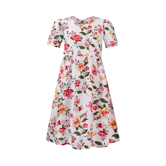 EHRWE Little Big Girls Dress Boho Floral Girl's Casual Summer Scoop Neck Short Sleeves Floral Flowy Print Plain Beach Princess Summer Outfits Beach Sundress, 6-7 Years