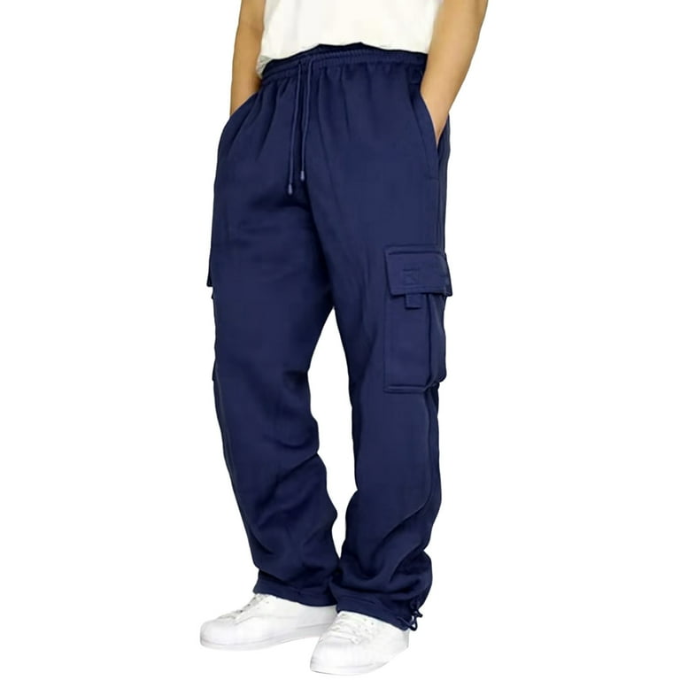 EHRWE Mens Casual Pants Men s Fitness Running Pants Lace Up Loose Waist Wide Foot Solid Color Pocket Loose Wool Sweatpants Comfortable
