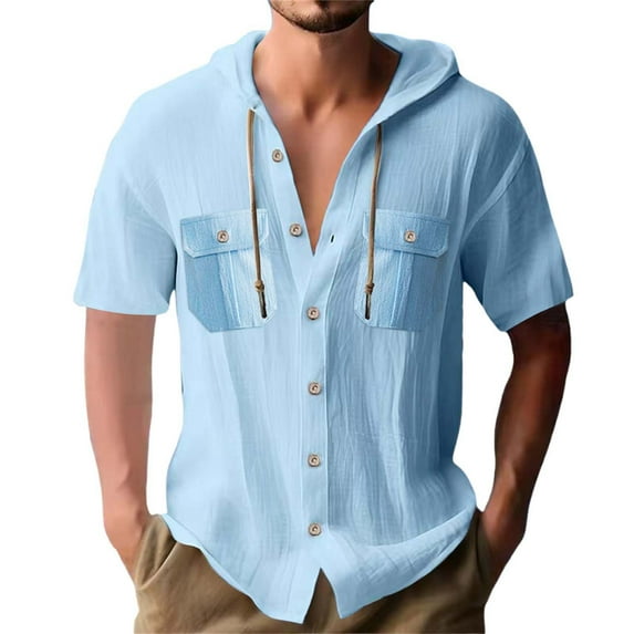 EHRWE Mens Shirts 2025 Male Linen Fashion Sports Casual Loose Short Sleeve Hooded Cardigan Shirt Hawaiian Vacation Clothes