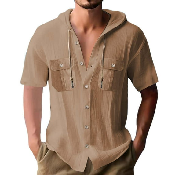 EHRWE Mens Shirts 2025 Male Linen Fashion Sports Casual Loose Short Sleeve Hooded Cardigan Shirt Hawaiian Vacation Clothes