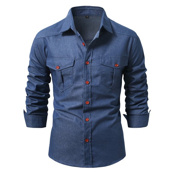 EHRWE Mens Shirts Male Long Sleeve Denim Shirt With Pockets Casual Loose Fit Button Up Shirt For Everyday Wear Beach Hawaiian Shirts