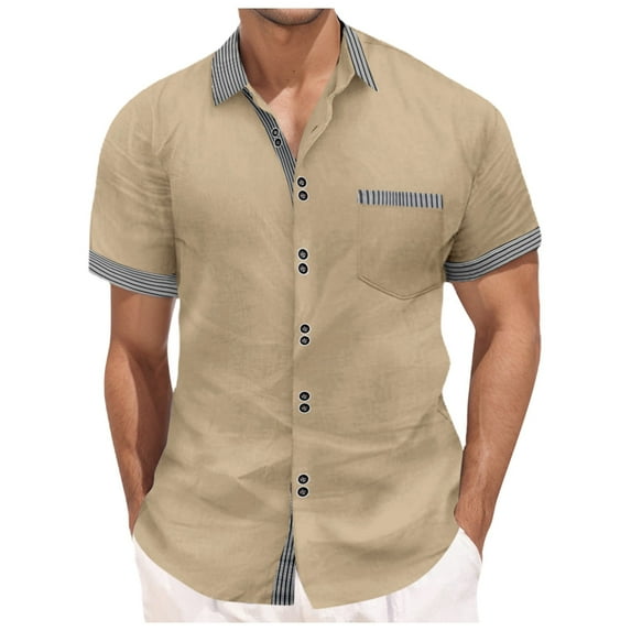 EHRWE Mens Shirts Men's Short Sleeve Shirt Summer Leisure Patchwork Striped Hawaii Beach Holiday Shirt Loose Fit Casual