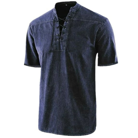 EHRWE Mens T-Shirts V Neck Men's Gothic Lace Up Tie Vintage Short Sleeve T Shirt Breathable Casual Tee Fashion