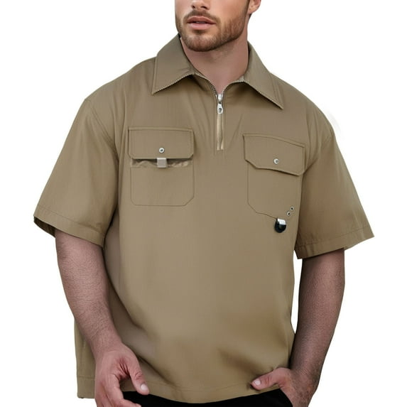 EHRWE Shirts For Men Double Pocket Solid Color Baggy Short Sleeve Shirt Vacation