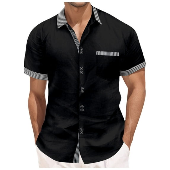 EHRWE Shirts For Men Male Short Sleeve Shirt Summer Casual Patchwork Striped Hawaii Beach Holiday Shirt Classic Fashion