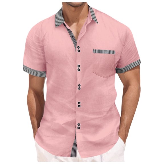 EHRWE Shirts For Men Male Short Sleeve Shirt Summer Casual Patchwork Striped Hawaii Beach Holiday Shirt Tops For Mens