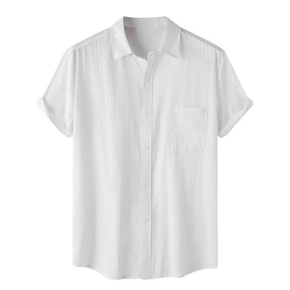 EHRWE Shirts For Men Male Solid Color Jacquard Striped Shirt Pure Cotton Short Sleeve Lapel Button Down Shirt Tops For Mens