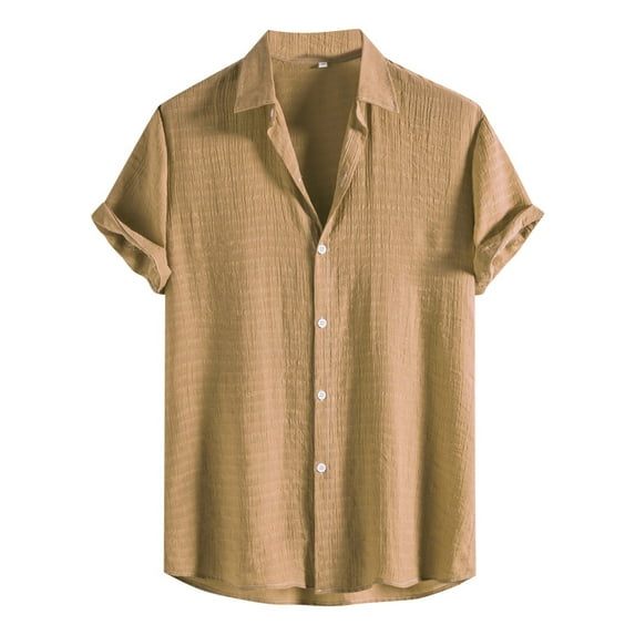 EHRWE Shirts For Men Solid Color Jacquard Striped Shirt Pure Short Sleeve Lapel Button Down Shirt Hawaiian Vacation Clothes