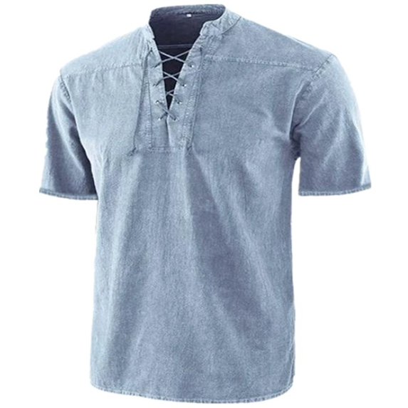 EHRWE T Shirts For Men V Neck Men's Gothic Lace Up Tie Vintage Short Sleeve T Shirt Breathable Casual Tee Leisure