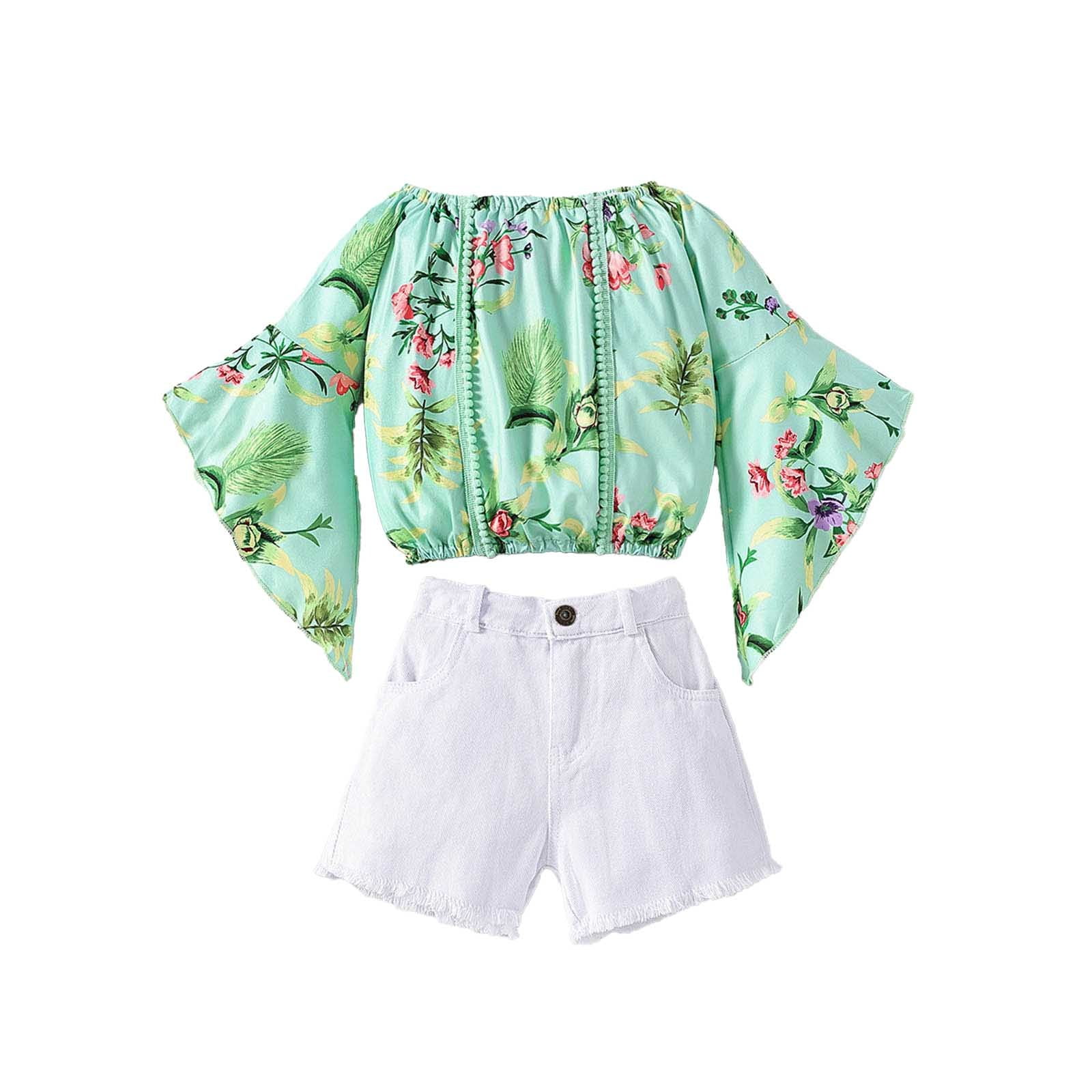 Babyhug 100% Cotton Knit Frill Sleeves Top & Denim Shorts with Bow Applique & Floral Print - Mint & Medium Blue