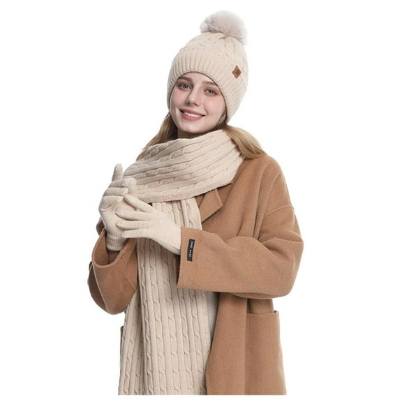 EHRWE Winter Beanie Hat Scarf Gloves Set For Women Solid Color Double Layer Wool And Thick Warm Wool Hat Scarf Gloves 3 Piece Set Fashionable