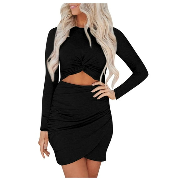 EHRWE Women Dress Long Sleeve Solid Color Hollow Out Wrap Slim Fit Party Evening Dress 2025 Hawaiian Vacation
