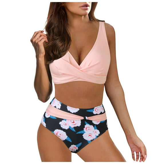 EHRWE Women High Waisted Bikini Sexy Push Up Two Piece Swimsuits Vintage Swimsuit Two Piece Retro Ruched High Waist Print Bikini Set Pink, Sizes S-2XL