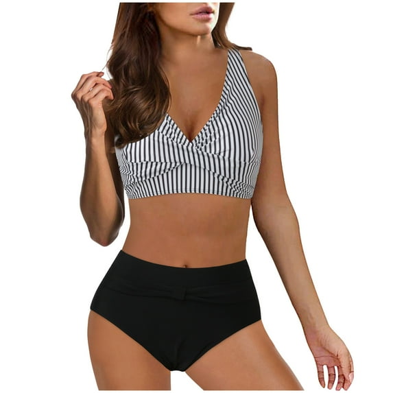 EHRWE Women High Waisted Bikini Sexy Push Up Two Piece Swimsuits Vintage Swimsuit Two Piece Retro Ruched High Waist Print Bikini Set Black, Sizes S-2XL