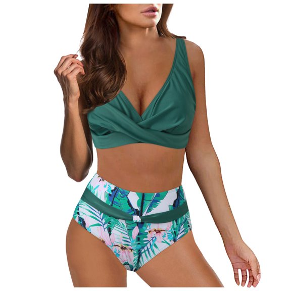 EHRWE Women High Waisted Bikini Sexy Push Up Two Piece Swimsuits Vintage Swimsuit Two Piece Retro Ruched High Waist Print Bikini Set Green, Sizes S-2XL