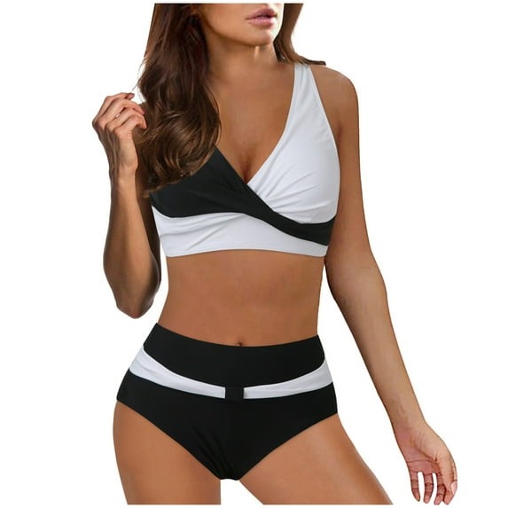 EHRWE Women High Waisted Bikini Sexy Push Up Two Piece Swimsuits Vintage Swimsuit Two Piece Retro Ruched High Waist Print Bikini Set White, Sizes S-2XL