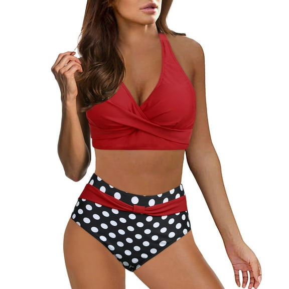 EHRWE Women High Waisted Bikini Sexy Push Up Two Piece Swimsuits Vintage Swimsuit Two Piece Retro Ruched High Waist Print Bikini Set Red, Sizes S-2XL