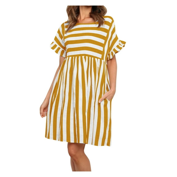 EHRWE Women's Striped Summer Mini Dress Round Stitching Ruffled Neck A-Line Sexy Skirt Striped Women's Dress 2025 Vacation