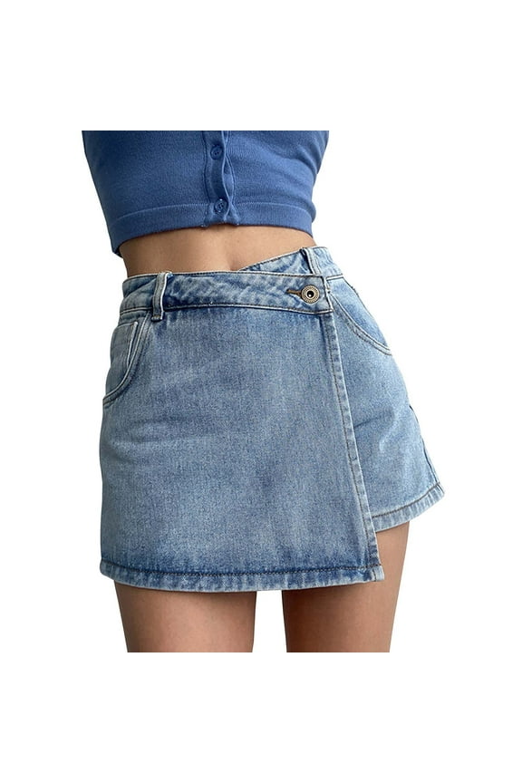 Women's Summer High Waisted Stretch Denim Shorts High Waist A Line Denim Shorts With Light Wash Two Piece Design Chic Skort For Fashionistas