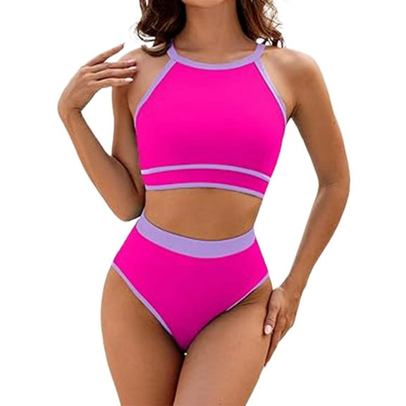 EHRWE Womens Bikini Set High Waisted Two Piece Ladies Swimming Suit Sporty Color Block Swimsuit Set For Active Swimwear Swim Suit 2025