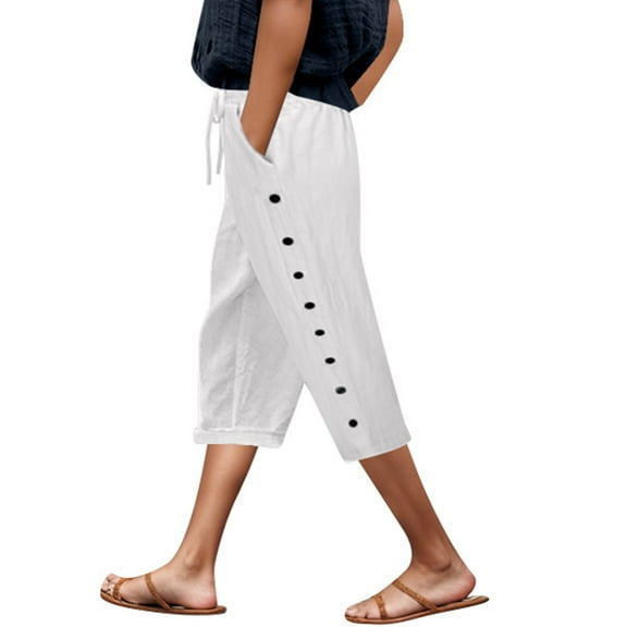 EHRWE Womens Casual Pants Female Summer Solid Color Elastic Waist Loose Side Button Decoration Versatile Capris Casual Pants For Ladies