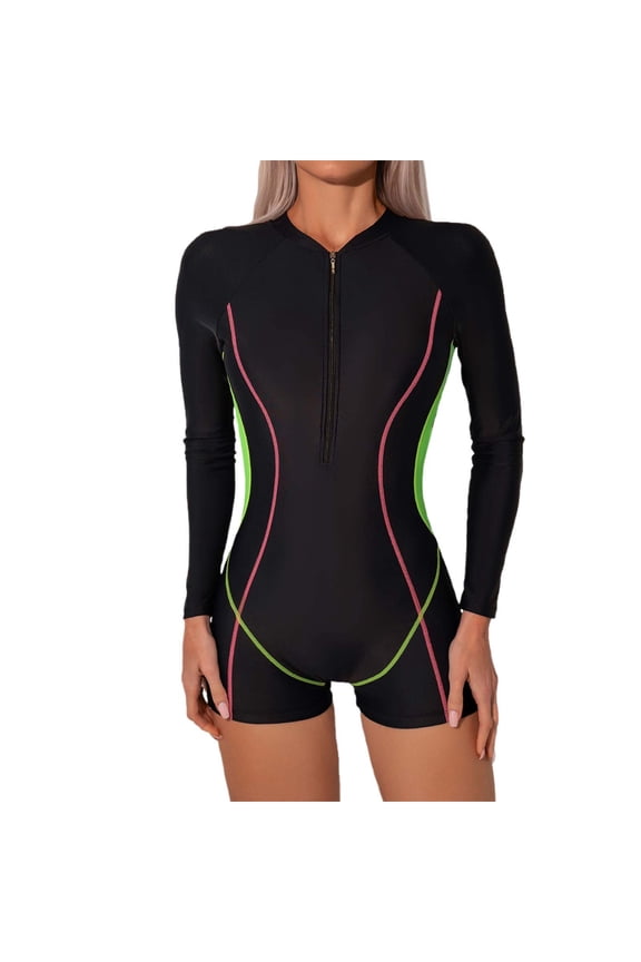 Womens One Piece Swimsuit Ladies Long Sleeve Swimwear Fashion Sun Diving Suit Beachwear