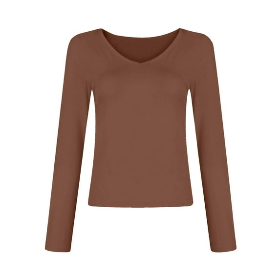 EHRWE Womens T Shirts Ladies Solid Color V Neck T Shirt Hot Girl Slim Long Sleeve Shirt Top Fashion Clothes