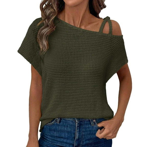 EHRWE Womens Tops Ladies Summer Tops Off One Shoulder Knit Short Sleeve T Shirts Casual Solid Color Fashion