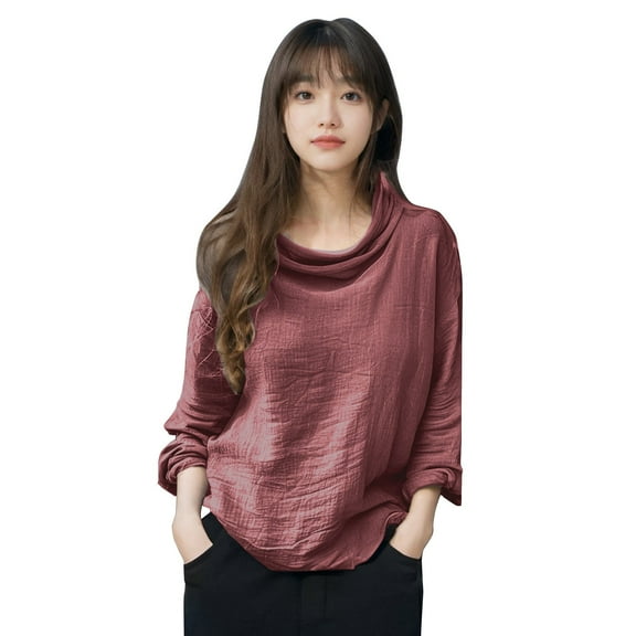 EHRWE Womens Tops Spring New Ladies Casual Loose Fashion Long Sleeve Solid Color Pile Collar Pullover Pleated Top Fashion