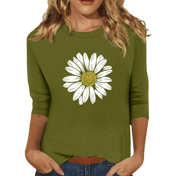 EHTMSAK 3/4 Sleeve Shirts for Women Cotton Elbow Length Sunflower Printed Solid Color Crew Neck Tee Tops Casual 2024 Trendy Shirts Summer Loose Fit Fashion Blouses Army Green 2XL