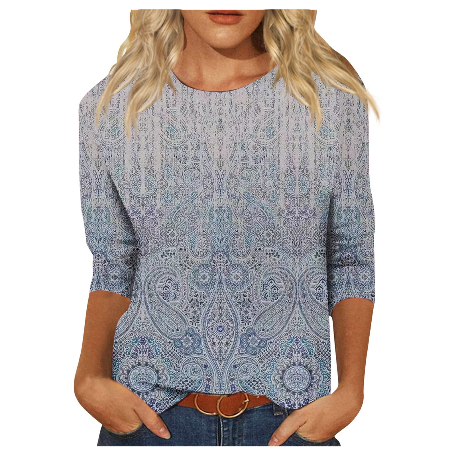 EHTMSAK 3/4 Sleeve Workout Shirts for Women Western Vintage Crew Neck