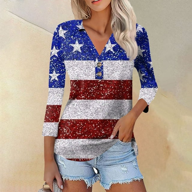 EHTMSAK 4th Of July Casual T-Shirts for Women 3/4 Sleeves Independence ...