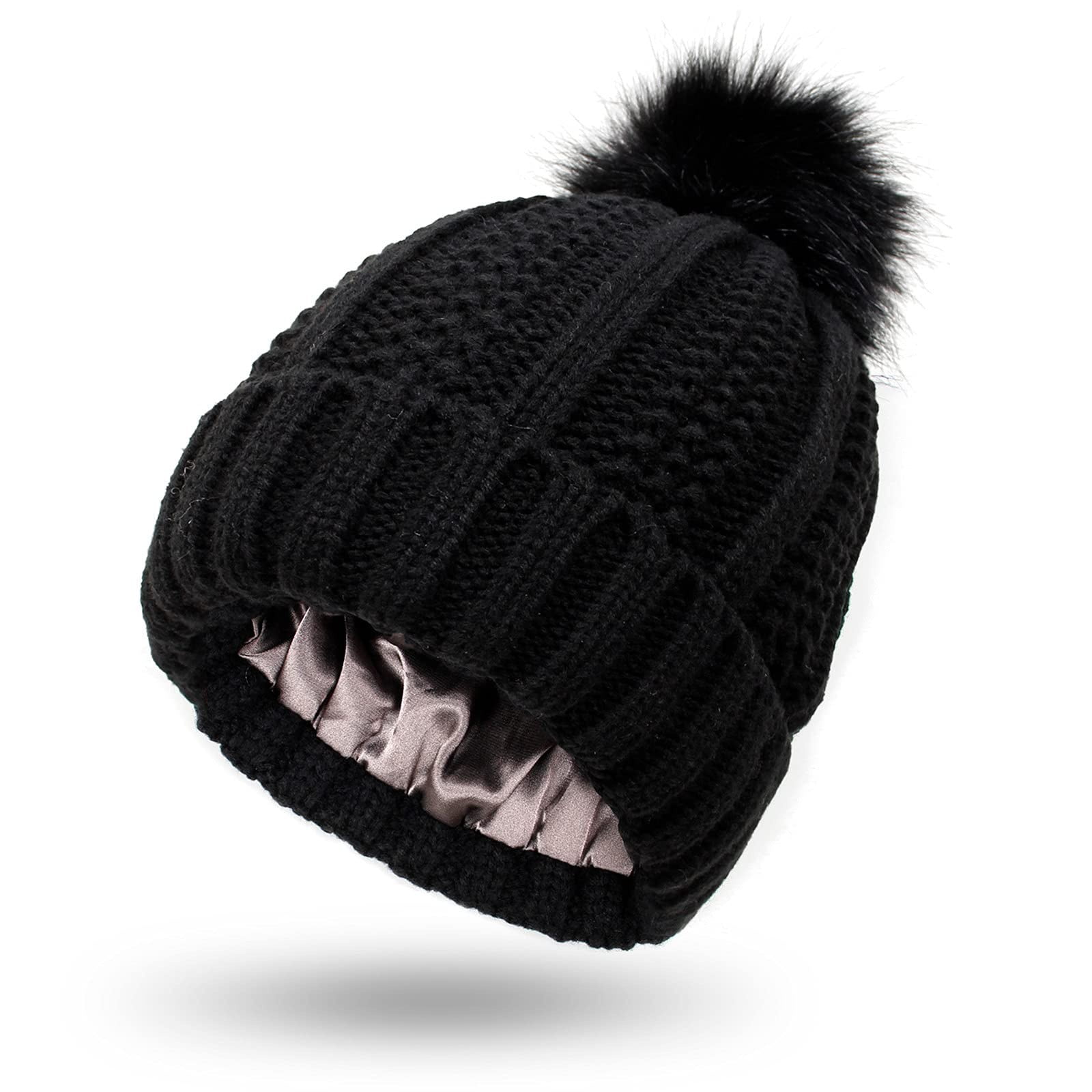EHTMSAK Warm Beanie Hat Winter Beanie Hat Cable Knit Faux Fur Pompom Chunky  Pompom Winter Warm Skull Hat Ski Cap Gray Free Size