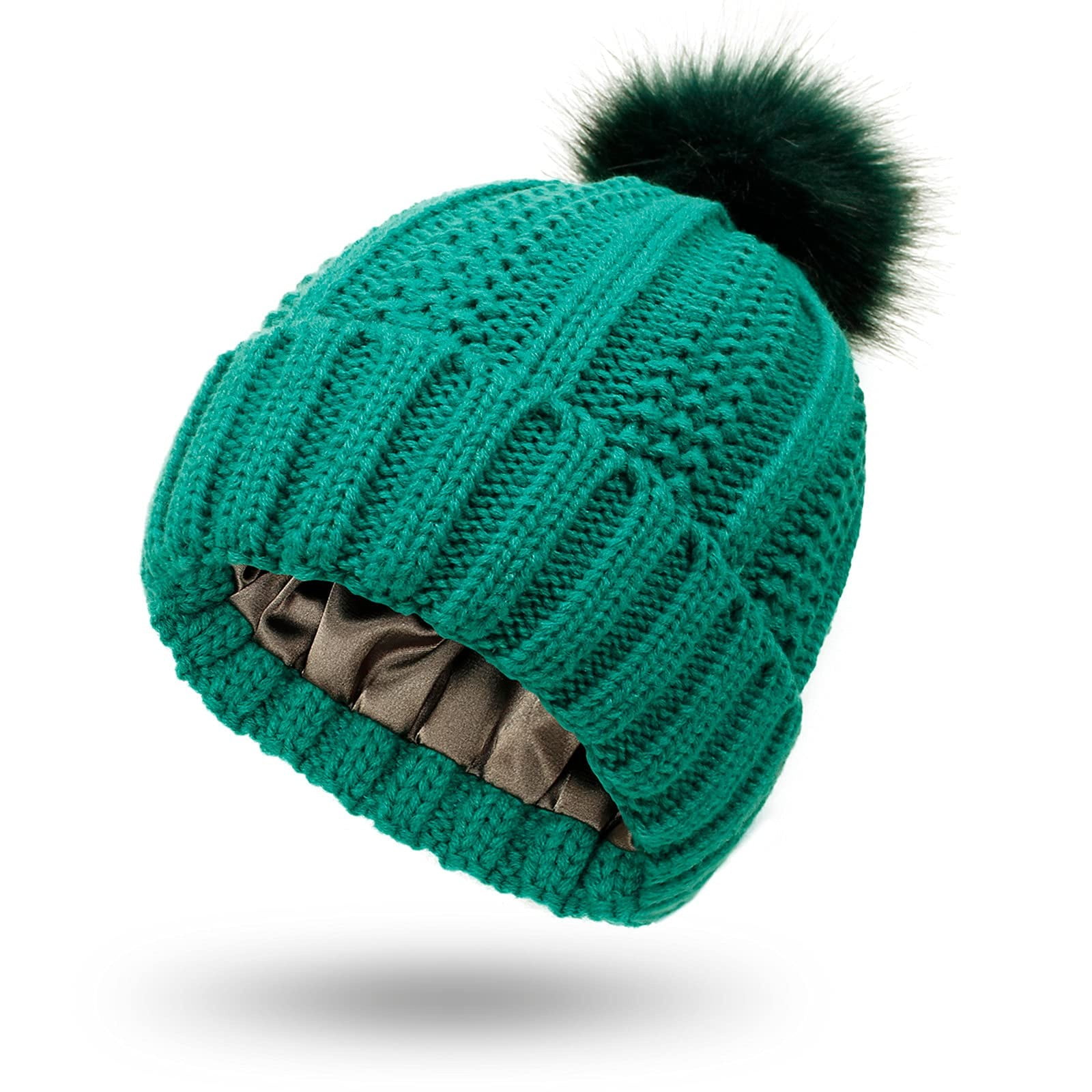 EHTMSAK Beanie Pom Poms Balls Christmas Hats for Women Cable Knit Faux Fur  Pompom Chunky Cable Knit Pompom Soft Warm Hat Green Free Size 